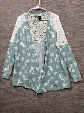 Disney Mermaid Cardigan Sweater Womens 00 Green Lace Back Open Front Beach